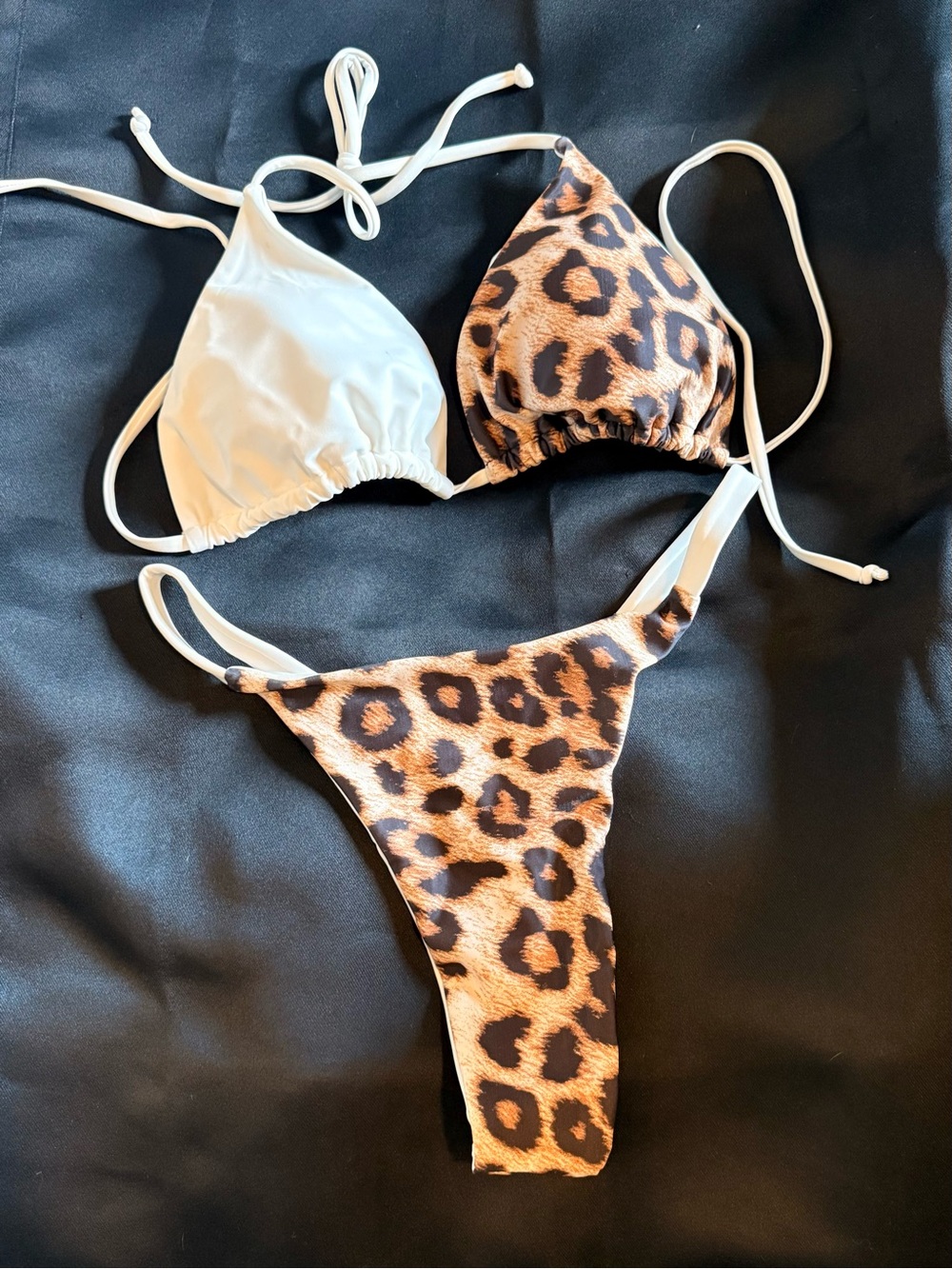 Leopard Print & White Reversible Triangle Bikini Top and Leopard Thong Bottom